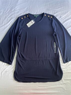 LAUREN Ralph Lauren Women’s Navy Button-Shoulder Long Sleeve Chiffon Shirt Top M